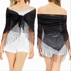 Women's Black Sheer Shawl Wrap Sarong with Beaded Fringe